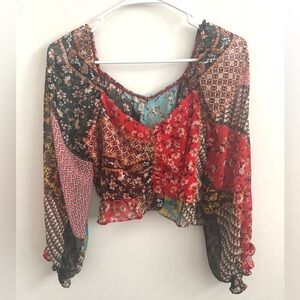 Y2K Dainty Boho Patchwork Cropped Blouse Sheer Long Sleeve Peasant Top Festival